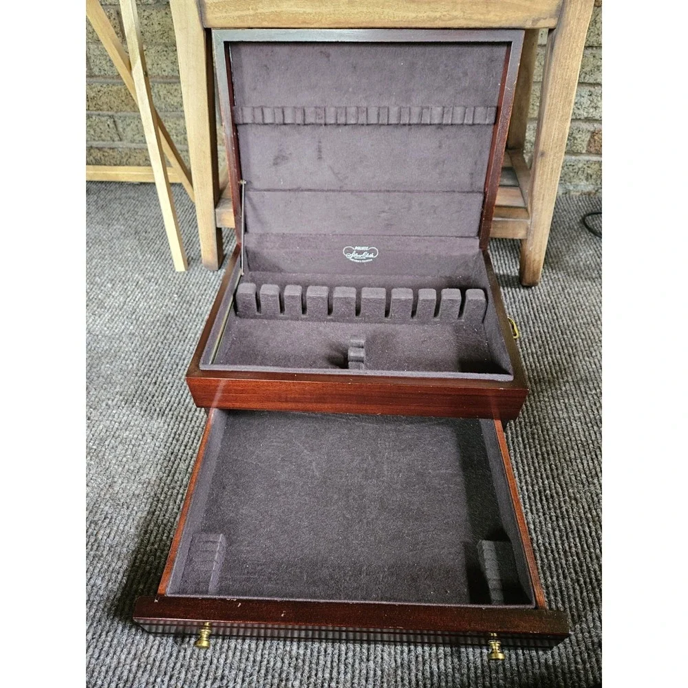 Vintage Solid Mahogany Silverware Chest Box Pacific Silver Cloth 2-Tier Drawer